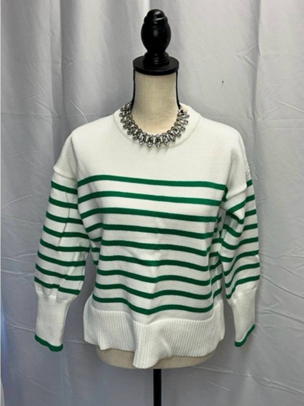 Philosophy Woman’s Lg Striped Crewneck Sweater in White and Teal Like New